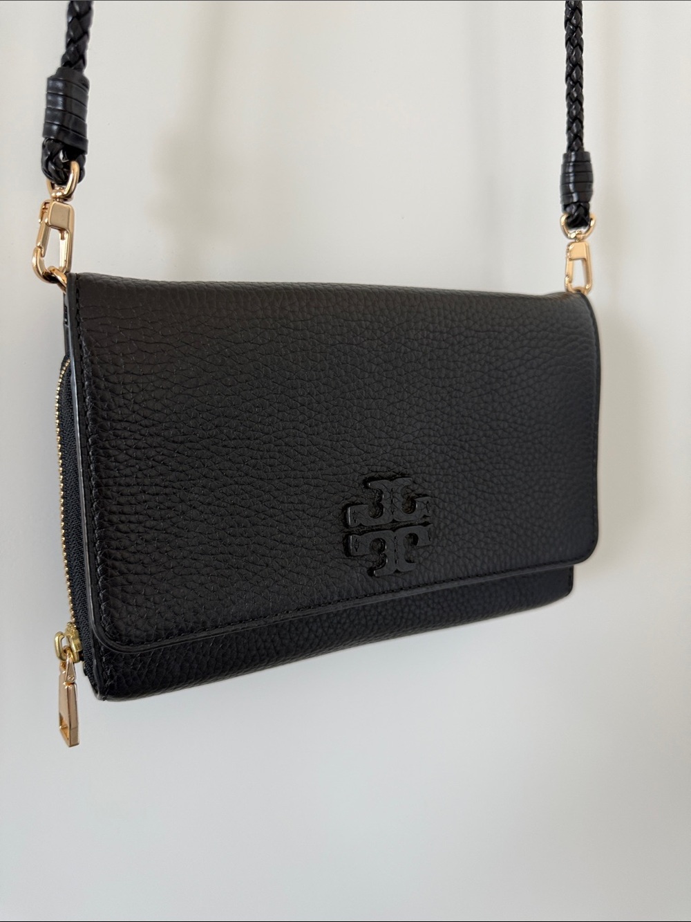 Tory Burch Black Pebbled Wallet Crossbody with Braided Strap